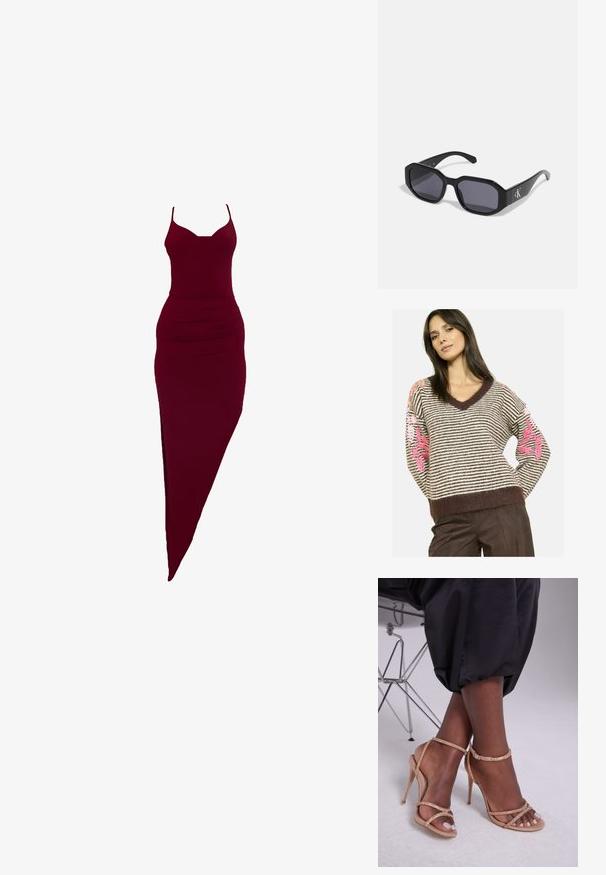 Dryžuotas megztinis su V formos iškirpte, rudais kraštais ir tekstūruotomis rankovėmis, papuoštas gėlių siuvinėjimu rožiniais ir oranžiniais atspalviais.; Burgundiškai prigludusi suknelė su špagetinėmis petnešėlėmis, su šoniniu įpjovimu ir surauktomis detalėmis juosmens srityje, pagaminta iš tamprios medžiagos.; Bežiniai aukštakulniai sandalai su kristalų dekoracijomis, atviru pirštu, plonomis juostelėmis ir elegantiška siluetu.; Juodi akiniai nuo saulės su aštuonkampiu rėmu, tamsiais lęšiais, blizgiais plastikiniais matiniais ir sidabriniu logotipo akcentu vienoje pusėje.; Michael Kors rankinė smėlio spalvos dengto kanvoje su pakartotiniu MK logotipo raštu, auksinėmis detalėmis ir nuimamu grandininiu dirželiu.; Auksiniai metaliniai auskarai su banginiu dizainu; glotni, atspindinti paviršių; asimetriška forma; nematomi raštai ar aparatai.