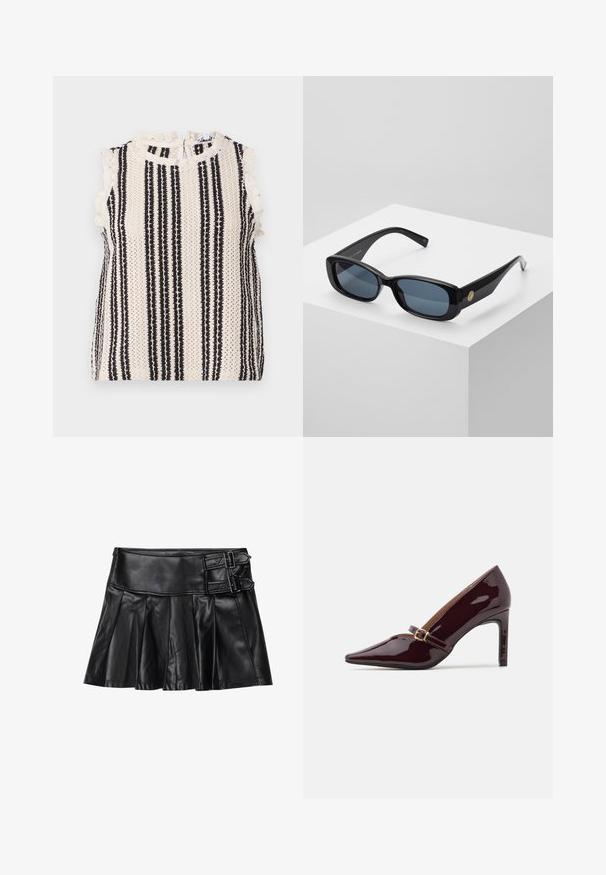 Ärmelloses Oberteil mit einem creme- und schwarz gestreiften Muster, zarter Spitzenkante und einem hohen Kragen mit einem Rückenverschluss. Strukturierter Stoff.; Schwarze Lederrock mit Falten, breitem Bund und zwei Schnallenakzenten an der Seite. Glatte Textur mit glänzendem Finish.; Patente burgunderfarbene High Heels mit spitzer Zehenpartie, Knöchelriemen mit goldfarbenen Beschlägen und einer eleganten, polierten Oberfläche. Erhöhter Stiletto-Absatz.; Schwarze rechteckige Sonnenbrille mit getönten blauen Gläsern, dicken Rahmen und einem goldenen, runden Akzent an der Seite. Schlichte, glänzende Oberfläche.; Burgunderfarbene Handtasche aus synthetischem Material mit strukturiertem Design, ausgestattet mit einem abnehmbaren Trageriemen und einem blumenmusternden Schal, der am Griff gebunden ist.