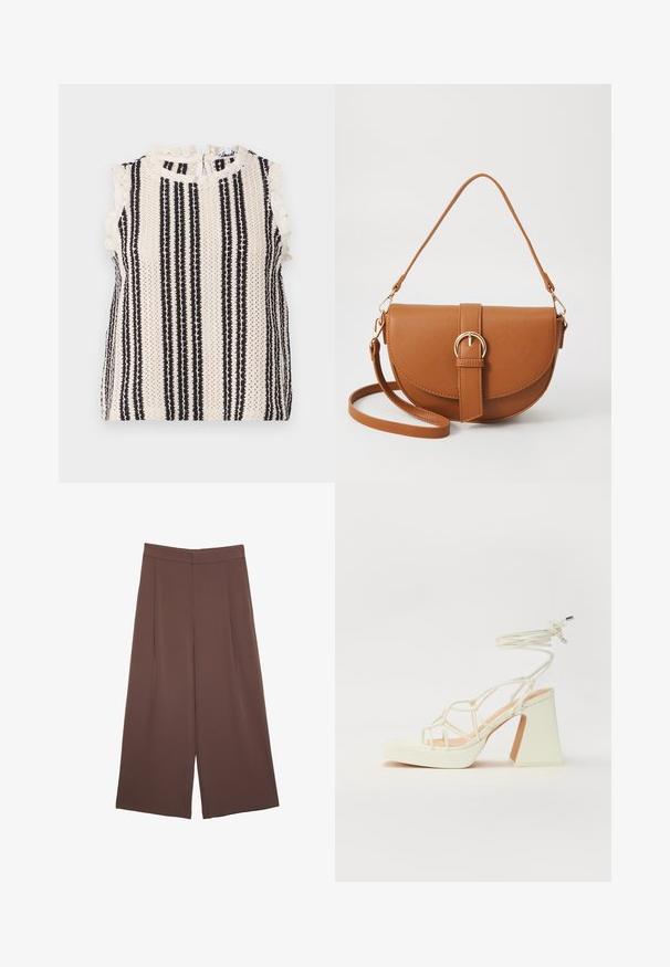 Débardeur sans manches avec un motif rayé crème et noir, délicate dentelle en bordure, et un col haut avec une fermeture au dos. Tissu texturé.; Pantalons larges marron avec une texture lisse, dotés d'une taille haute et de plis à l'avant. Le tissu est léger et tombe de manière fluide.; Sandale blanche à talons hauts avec un talon épais, présentant un design à lanières et un lien autour de la cheville. Texture lisse avec une plateforme à l'avant pour une hauteur supplémentaire.; Sac bandoulière en cuir marron avec une forme incurvée, quincaillerie dorée et un accent en boucle. Comprend une bandoulière détachable.