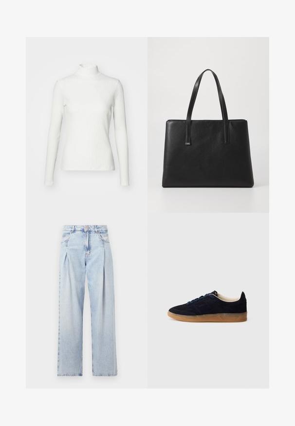 Valkoinen ribattu poolopaita pitkillä hihoilla, valmistettu hyvin joustavasta kankaasta. Ominaisuuksiin kuuluu tiukka malli ja korkea kaulus, joka tarjoaa peittävyyttä.; Vaaleansiniset farkut, joissa on korkea vyötärö, leveälahkeinen leikkaus, kaksi sivutaskua ja pleatattu muotoilu. Pehmeä rakenne, jossa on haalistunut viimeistely.; Laivastonsininen mokkanahkainen tennari, jossa on kuminahkainen pohja, siniset nauhat ja minimalistinen muotoilu. Sivussa on kohokuvioitu logo ja sisäpuolella sileä vuori.; Musta nahkainen kantokassi, jossa on kaksi pitkää kahvaa, suorakulmainen muoto, teksturoitu pinta ja minimalistikko muotoilu. Ei näkyvää metalliosaa tai koristeita.