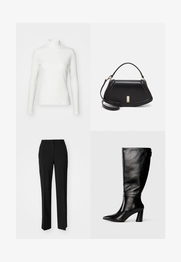 Bílý žebrovaný rolák s dlouhými rukávy, vyrobený z pružného materiálu. Obsahuje přiléhavý design a vysoký límec pro zvýšené zakrytí.; Černé kalhoty na míru se střihem do rovna, které mají hladkou texturu a ostré sklady na přední straně. Bez viditelného kování.; Černá kožená vysoká boot do půli lýtek s špičatou špičkou, hladkou texturou a masivním podpatkem. Obsahuje zip na zadní straně.; Černá kožená kabelka se strukturovaným designem, jejíž tvar je zkrácený, má horní rukojeť a zlaté kovové detaily. Součástí je i nastavitelný ramenní popruh.