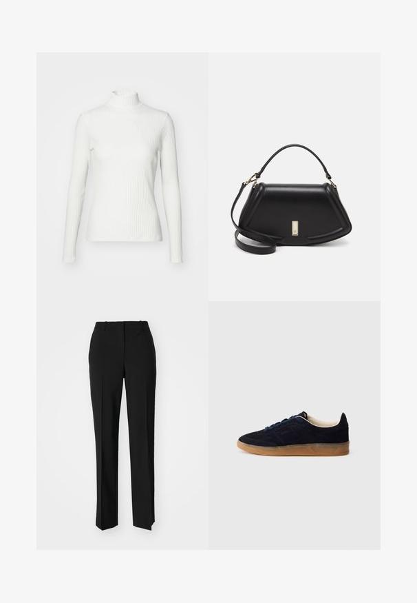 Valkoinen ribattu poolopaita pitkillä hihoilla, valmistettu hyvin joustavasta kankaasta. Ominaisuuksiin kuuluu tiukka malli ja korkea kaulus, joka tarjoaa peittävyyttä.; Mustat räätälöidyt housut suoraa lahjetta, joissa on sileä pinta ja terävät taitteet edessä. Ei näkyvää metalliosaa.; Laivastonsininen mokkanahkainen tennari, jossa on kuminahkainen pohja, siniset nauhat ja minimalistinen muotoilu. Sivussa on kohokuvioitu logo ja sisäpuolella sileä vuori.; Mustalla nahkalaukulla, jossa on jämäkkä muotoilu, lyhyt malli, yläkahva ja kultaiset yksityiskohdat. Säädettävä olkahihna sisältyy.