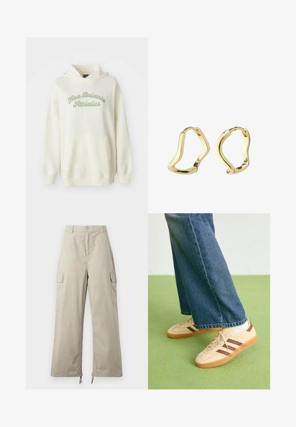 Krémová mikina s kapucňou, predná vrecko a svetlozelený nápis "New Balance Athletics" na hrudi.; Svetlo béžové cargo nohavice s voľným strihom, vybavené gombíkovým zapínaním, bočnými vreckami a nastaviteľným lemom so šnúrkami. Hladká textúra látky.; Béžové tenisky s textúrovanými krémovými panelmi a hnedými pruhmi, skombinované s modrými džínsami. Džínsy majú široké nohavice a roztrhnutý lem.; Zlaté kruhové náušnice s plynulým, vlnitým dizajnom. Hladký povrch, otvorený tvar a žiadne viditeľné uzávery. Minimalistický a moderný vzhľad.