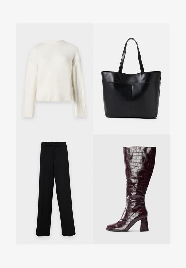 Krém színű, kötött pulóver hosszú ujjal és kerek nyakkivágással. Bordázott mandzsettákkal és cropped fazonnal rendelkezik, amely puhának érződik.; Fekete, széles szárú nadrág sima anyagból, klasszikus derékrésszel, gombzárral és elülső redőkkel.; Sötét bordó, térd fölé érő csizma krokodilbőr textúrával és tömbsarkú kivitelben, fehér háttér előtt, oldalról látható.; Fekete bőr bevásárlótáska két hosszú fogantyúval, sima felülettel és strukturált formával. Elülső zseb található rajta a plusz tárolás érdekében.