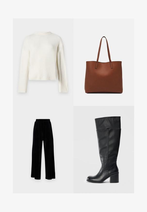 Krémový pletený svetr s dlouhými rukávy a kulatým výstřihem. Má žebrované manžety a kratší střih, který zdůrazňuje měkkou texturu.; Černé kalhoty širokého střihu vyrobené z měkkého sametu, s elastickým pasem a hladkým povrchem, bez viditelných detailů nebo vzorů.; Kozačky černé barvy z hladké kůže, do výšky kolen, s blokovým podpatkem a prošitím podél stran. Jednoduchý a moderní design.; Hnědá kožená taška přes rameno s hladkou texturou, otevřeným designem a dvěma ramenními popruhy. Obsahuje minimální švy a žádné viditelné kovové prvky.