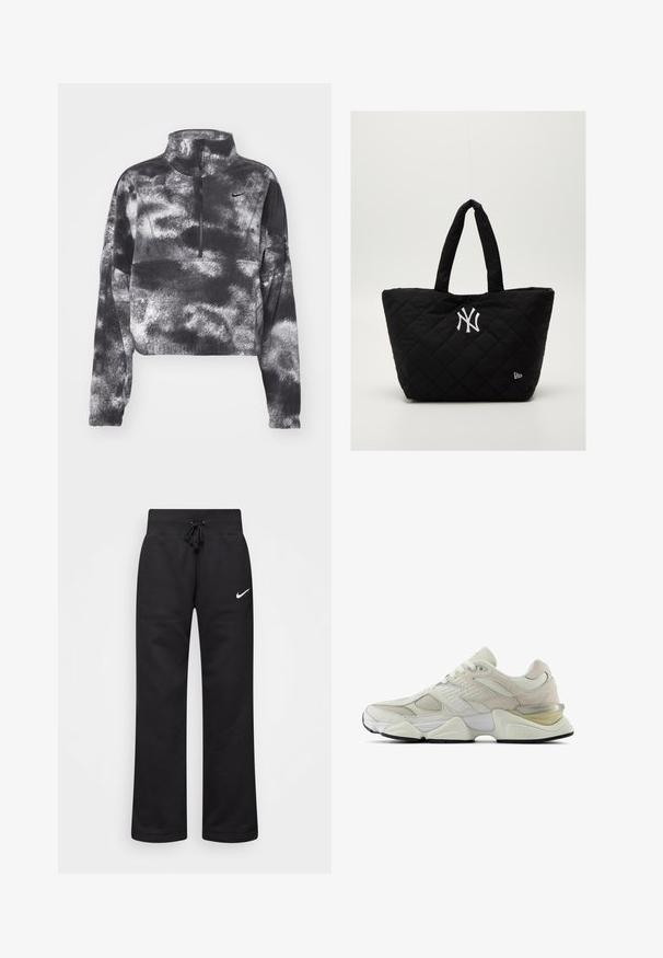 Nike Performance ONE - Fleecová mikina - black; Černé tepláky vyrobené z bavlněné směsi, s elastickým páskem na šňůrku, rovnými nohavicemi a bílým logem Nike na levé straně.; Bílé tenisky s vrchní částí z prodyšné síťoviny a semiše, zaoblenou špičkou a polstrovaným límcem. Mají reflexní akcenty a silnou, strukturovanou podrážku.; Prošívaná černá taška na rameno s dvojitými uchy, s bílým logem New York Yankees a malým emblémem značky na boku.