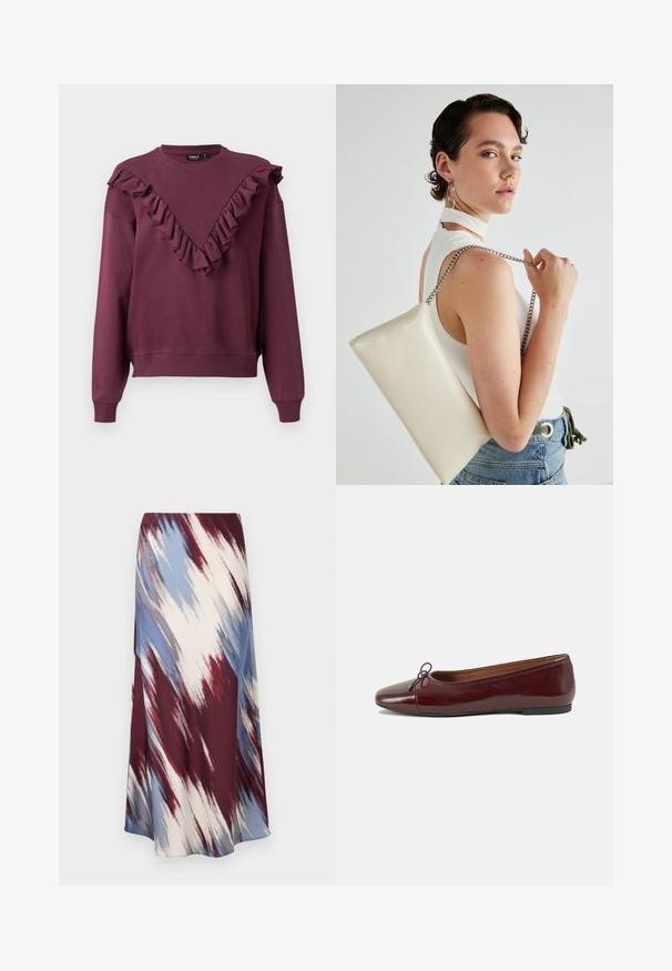 Burgunderfarget genser med volangdetaljer i V-hals, lange ermer og ribbestrikkede mansjetter og hem. Laget av mykt stoff med en avslappet passform.; Lang skjørt med et diagonalt tie-dye mønster i burgunder, blått og kremfarge, laget av mykt stoff med en flytende silhuett og lett glans.; Burgunderrød lakk lær ballettleilighet med rund tå, liten sløyfe foran og en lav, svart gummisåle. Glatt tekstur.; Hvit rektangulær clutch-veske laget av blankt materiale, med en sølvkjede-stropp. Modellen poserer og viser vesken mot en ensfarget bakgrunn.