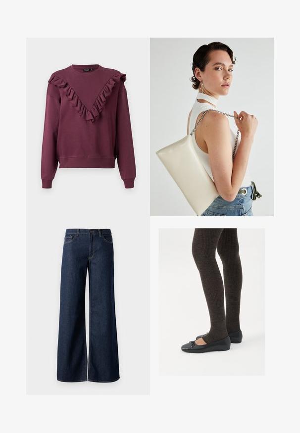 Bordeaux collegepaita, jossa on röyhelöinen V-mallinen kaula-aukko, pitkät hihat sekä ribbaus hihansuissa ja helmassa. Valmistettu pehmeästä kankaasta, jolla on rento istuvuus.; Suorat lahkeet farkut tummansinisestä denimmistä. Ominaisuuksiin kuuluvat kontrastiväriset ompeleet, viisi taskua ja nappisuljenta vyötäröllä. Sileä pinta.; Mustat matalat kengät, joissa on pieni nauha varpaissa, yhdistettynä tummanruskeisiin ribattuisiin sukkahousuihin. Kengissä on sileä pinta ja matala profiili.; Valkoinen suorakulmainen clutch-laukku, joka on valmistettu kiiltävästä materiaalista ja jossa on hopeinen ketjuolkahihna. Malli poseeraa laukku käsivarsillaan yksinkertaista taustaa vasten.