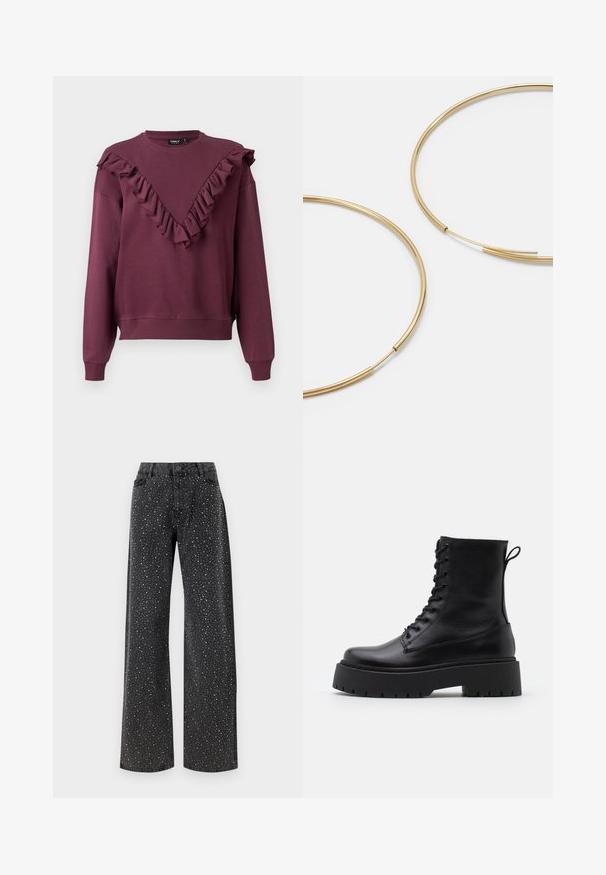 Bordo sweatshirt z ruffled V-izrezom, dolgimi rokavi ter rebrastimi manšetami in robom. Narejen je iz mehke tkanine in ima sproščen kroj.; Noisy May NMJANNEL LOOSE - Široke kavbojke - black denim; Črne usnjene gležnjarje z okroglo konico, vezalnim sprednjim delom in debelim gumijastim podplatom z teksturiranim profilom. Zanka na hrbtni strani.; Zlate obroče ušesne uhane, tanke in krožne oblike, z gladko kovinsko površino brez okrasnih elementov ali vzorcev.