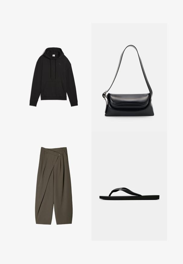 Čierna mikina s kapucňou z mäkkého materiálu, vybavená klokankovým vreckom, regulovateľnou kapucňou a malým logom na hrudi.; Široké nohavice z tmavozelenej látky s plisovaným predným dizajnom, gombíkovým zapínaním a lesklým, textúrovaným povrchom.; Čierne gumené žabky s textúrovaným popruhom a jednoduchou plochou podrážkou, zobrazené z boku na jednofarebnom svetlom pozadí.; Čierna kožená kabelka so štruktúrovaným tvarom, hladkou textúrou a jedným ramenným popruhom. Obsahuje jemný, zaoblený dizajn klapky.