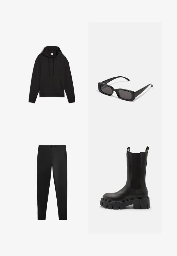 Fekete pulóver kapucnis felső, puha anyagból készült, kenguruzsebbel, zsinóros kapucnival, és egy kis logóval a mellrészen.; Fekete leggings sima textúrával és testhezálló sziluettel, magas derékkal és varrás nélküli kivitelezéssel a kényelem és sokoldalúság érdekében.; Fekete bőr bokacsizma gumis oldalpanellel, húzófülekkel, masszív barázdált talppal és megerősített varrással. A felület sima textúrájú.; Fekete, téglalap alakú napszemüveg sötét lencsékkel, fényes felülettel, széles szárakkal és masszív keret designnal. Az egyik szárra gravírozott márkanevével.