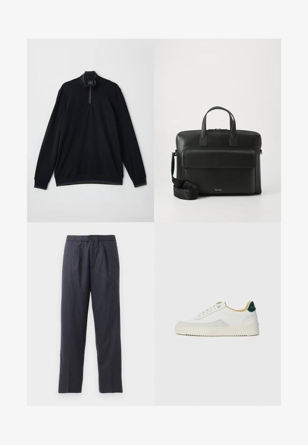 Pullover nero a girocollo con zip a un quarto. Presenta cuciture arcobaleno sul colletto e sui polsini, texture morbida e maniche lunghe.; Pantaloni scuri in navy realizzati in tessuto morbido, con design a pieghe frontali e vita elastica. Presentano una chiusura con bottone e un taglio dritto.; Sneaker bianco con accenti in camoscio, punta rotonda, lacci piatti e suola in gomma crema. Presenta un marchio verde sul tallone.; Valigetta in pelle nera con manici superiori doppi, una tasca frontale e una tracolla staccabile, con un sottile marchio in fondo.