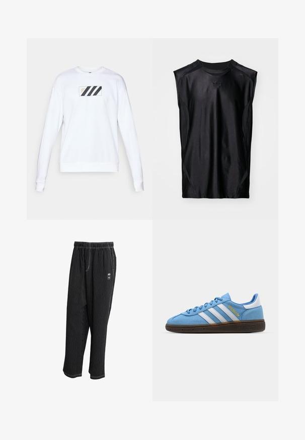 Sweatshirt blanc avec un patch rectangulaire comportant trois bandes diagonales noires et un texte doré. Tissu doux, manches longues et poignets côtelés.; T-shirt de sport noir sans manches en tissu lisse, avec un col rond et des détails subtils sur les côtés. Comprend un petit logo de marque sur la poitrine.; Pantalons noirs à rayures avec une taille élastique, des poches latérales et une petite étiquette logo à l'avant. Tissu léger avec une texture lisse.; Baskets en suède bleu clair avec des rayures en cuir blanc, une semelle texturée marron et un détail de logo doré. Design basse avec un bout rond.
