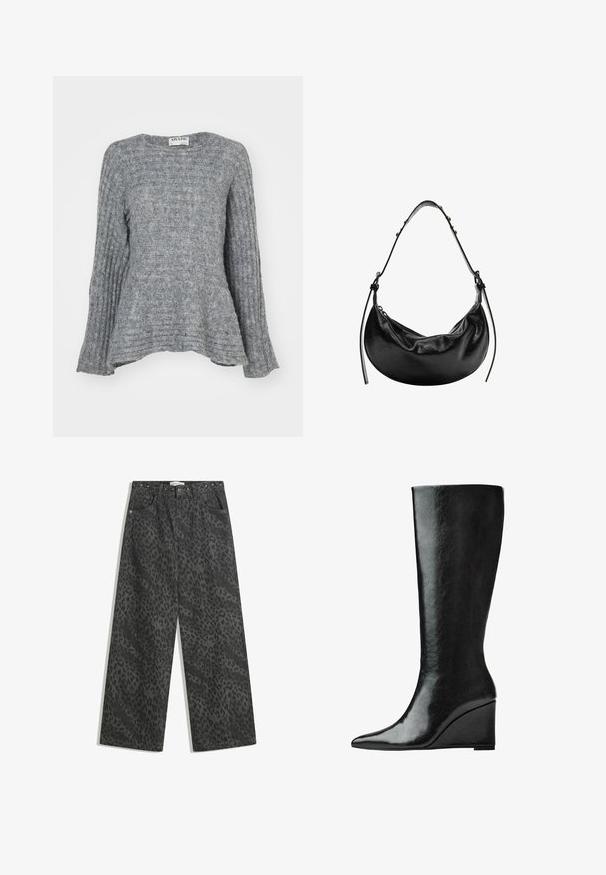 Grauer Strickpullover mit gerippter Textur, langen Ärmeln und flared Design am Saum. Rundhals und schlanker Schnitt.; Schwarze Denim-Breite-Hosen mit einem subtilen Leopardenmuster, Metallnietenakzenten am Bund und klassischem Fünf-Taschen-Design.; Knöchelhohe schwarze Lederstiefel mit schlanker, spitzer Zehenform und Wedge-Absatz. Die Oberfläche ist glatt mit einem glänzenden Finish.; Schwarze Leder-Handtasche mit einer Halbmondform, glatter Oberfläche und verstellbarem Tragegurt, mit subtilen Hardware-Details. Sichtbarer Reißverschluss.