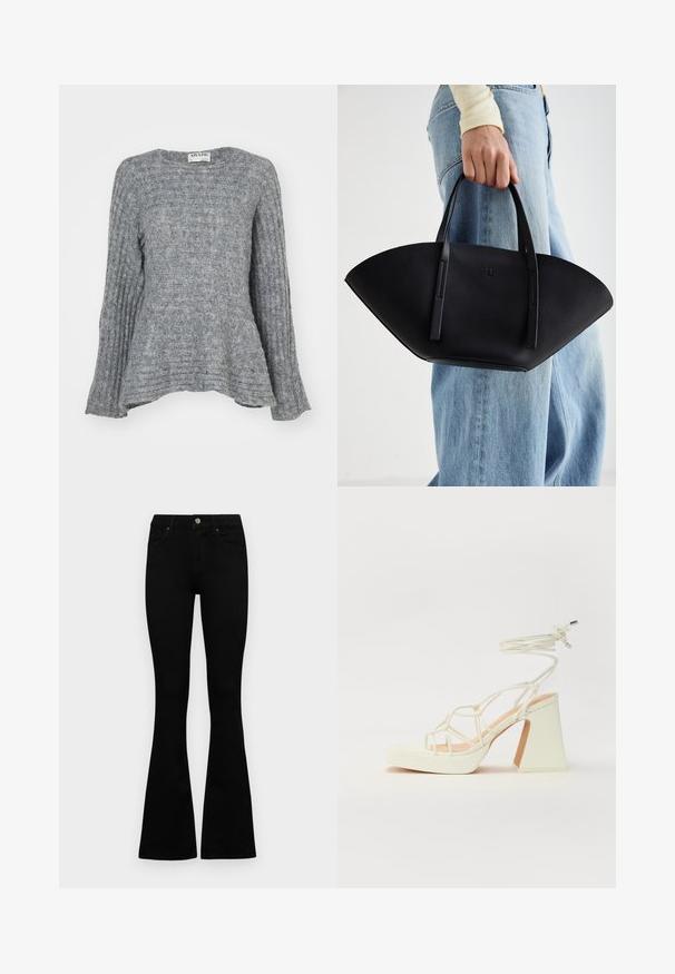 Pelēks adīts džemperis ar ribotu tekstūru, garām piedurknēm un izsistām malām apakšā. Apaļš dekoltē un plūdena forma.; Melni augsta jostas šorti ar pogu un rāvējslēdzēju, priekšējām kabatām un izplestām kājām, nolikti uz balta fona.; Baltas augstpapēžu sandales ar masīvu papēdi, ar siksnu dizainu un potītes saistītiem elementiem. Gluda tekstūra ar platformu priekšpusē, lai nodrošinātu papildu augstumu.; Melnas ādas rokassoma ar unikālu ventilatora formu, aprīkota ar plakaniem rokturiem. Virsma ir ar graudainu faktūru un minimālistisku dizainu.