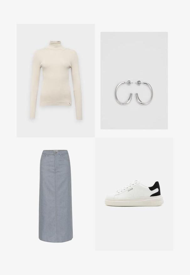 Suéter bege de gola alta com relevo, mangas longas, corte slim e uma pequena etiqueta de marca na parte inferior esquerda. Textura suave, design limpo.; Saia de ganga em azul claro, até ao joelho, com corte direito, cinco bolsos, fecho com botão e detalhes de costura em contraste.; Sapatilhas brancas de couro com uma sola branca espessa, detalhe em camurça preta no calcanhar e logótipo em relevo na lateral. Design com atacadores e seis ilhós.; Brincos de argola prateados com um acabamento suave e brilhante. Forma arredondada, design leve, com fecho de pino.