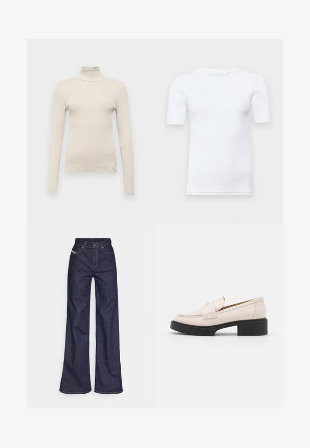 Beez ribaga kõrge kaelusega sviiter, millel on pikad varrukad, kitsas sobivus ja väike brändimärk all vasakul. Pehme tekstuur, lihtne disain.; Valge lühikeste varrukatega T-särk, mis on valmistatud puuvillast. Omab ümmargust kaelust ja sileda tekstuuri, vähese nähtava õmblusega ääres.; Tumedates sinised laiad teksad denimpesus, kõrge vöökohaga, mis on varustatud oranžide õmblustega, viie-taskulise disaini ja nööbiga kinnitusega.; Heled paar heleda beezžilederist valmistatud mokassiinide, millel on õmmeldud esiosa ja tekstureeritud must platvormkonts. Omab kaardus disaini ja kerget tõstet.