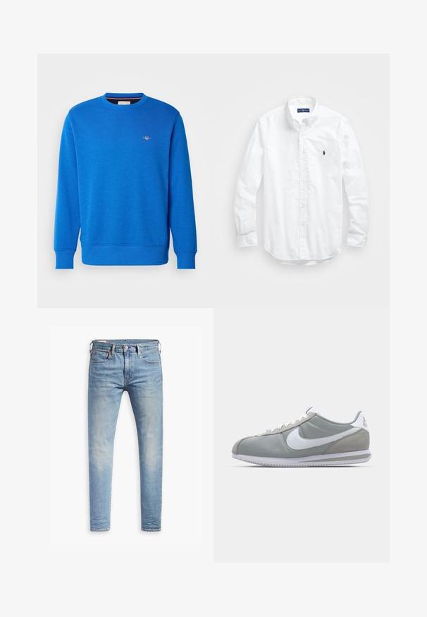 Plavi dukserica s okruglim izrezom, izrađena od mekanog materijala, s rebrastim manžetama i donjim rubom, te malim izvezenim logotipom na gornjem dijelu grudnog koša.; Bijela košulja dugih rukava s gumbima izrađena od pamuka. Ima klasični ovratnik, gumbaste manžete i mali brodasti logo u tamnoplavoj boji na prsima.; Svijetloplave uske traperice s laganim izblijedjenjem na bedrima, prednje kopčanje na dugme, petlje za remen i pet džepova na bijeloj pozadini.; Sive sportske tenisice s gornjim dijelom od antilopa i tekstila, bijelim Nike swooshom i bijelim vezicama. Imaju teksturirani gumeni đon i podstavljeni ovratnik.