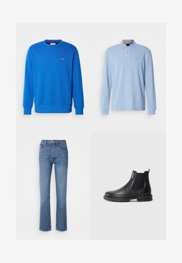 Blå genser med rund hals laget av mykt stoff, med ribbestrikkede mansjetter og nederkant, samt en liten brodert logo på over brystet.; Lyseblå langermet poloskjorte i teksturert stoff med krage og to-knappslukking, med brodert "BOSS"-logo på brystet.; Blå denimjeans med høy midje, rett ben-design og subtil falming. Har klassisk fem-lomme stil og glidelås lukking.; Sorte skinn Chelsea-støvler med elastiske sider, bærestropp, avrundet tå og robust såle med grep-groove.