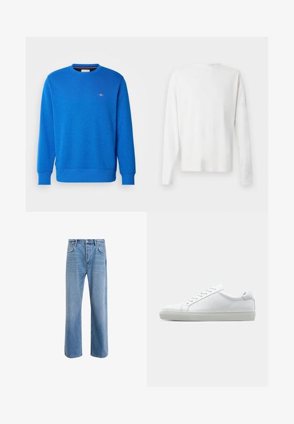 Kék, kerek nyakú pulóver, puha anyagból készült, bordázott mandzsettákkal és aljjal, a felső mell részen egy kis hímzett logóval.; Hosszú ujjú fehér pamut ing kerek nyakkivágással, az alján oldalsó hasítékokkal és sima textúrával, hátulról bemutatva.; Világoskék farmernadrág, egyenes szárú fazonnal, öt zsebbel, gombos záródással, minimális kopással és kontrasztos varrással.; Fehér sportcipő sima bőr felső résszel és alacsony profilsal. Kerek orr, hat fűzőlyuk és barázdált gumitalp jellemzi.