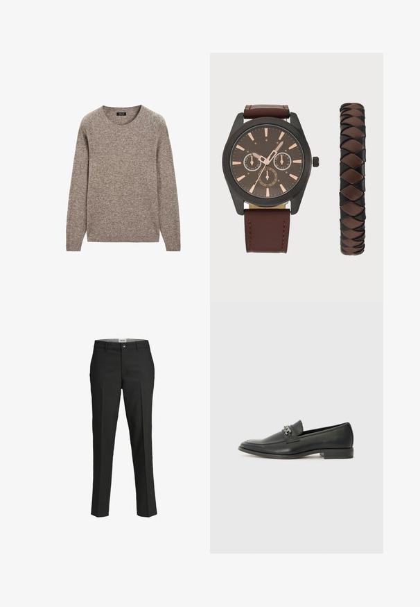 Bruine gebreide trui met een ronde halslijn, lange mouwen en een gestructureerde afwerking. De stof lijkt zacht en iets dikker.; Zwarte broek, getailleerde pasvorm, gladde stof, middelhoge taille, sluiting met frontknop, diagonale zakken en plooien langs de benen.; Zwarte leren instapper met een gladde afwerking, voorzien van een gestikt ontwerp en een decoratieve metalen kettingaccent over de wreef. Platte hak.; Pier One SET - Horloge - black/brown; Witte parelketting met een uniforme ronde vorm, gladde oppervlakte en een metalen sluiting met een uitbreidingsketting voor verstelbare lengte.