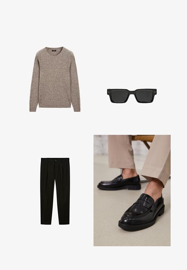Brązowy sweter dzianinowy z okrągłym dekoltem, długimi rękawami i teksturowanym wykończeniem. Materiał wydaje się miękki i nieco grubszy.; Czarne dopasowane spodnie wykonane z gładkiego materiału. Cechy to płaski przód, szerokie nogawki i zapięcie na guzik w pasie.; Czarne skórzane mokasyny o gładkim wykończeniu, z dekoracyjnym paskiem i kontrastowym szwem, w połączeniu z beżowymi spodniami.; Czarne prostokątne okulary przeciwsłoneczne z ciemnymi soczewkami, błyszcząca plastikowa oprawka i małe akcenty z logo na zausznikach. Płaski profil i ostre krawędzie.