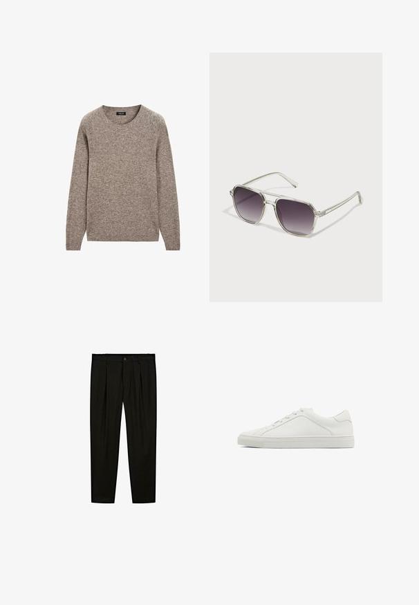 Hnědý pletený svetr s kulatým výstřihem, dlouhými rukávy a strukturovaným povrchem. Materiál vypadá měkce a je mírně silný.; Černé oblekové kalhoty vyrobené z hladké tkaniny. Mezi další vlastnosti patří rovný přední díl, široké nohavice a zapínání na knoflík v pase.; Bílé kožené tenisky s kulatou špičkou, plochou podešví a minimalistickým designem. Mají šest dírek na šněrování a decentní švový detail na boku.; Sluneční brýle s průhledným rámem ve čtvercovém tvaru a gradientními šedými skly. Úzké stříbrné detaily na stranách dodávají na zajímavosti.