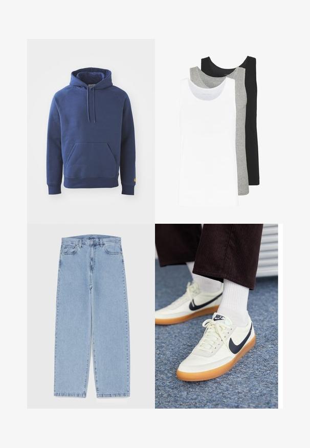 Felpa blu navy realizzata in tessuto morbido, dotata di una tasca frontale a marsupio, polsini a coste e cappuccio con cordino.; Tre canottiere in bianco, grigio e nero. Ognuna presenta un classico design senza maniche, realizzata in leggero cotone con una texture a costine.; Jeans in denim azzurro chiaro con design a gamba dritta, caratterizzati da una vita media, cinque tasche e chiusura con bottone e zip.; Sneakers Nike in pelle bianca con swoosh blu navy, dotate di suola in gomma e lacci bianchi, abbinate a calzini bianchi a mezze gambe e pantaloni di velluto a coste scuri.