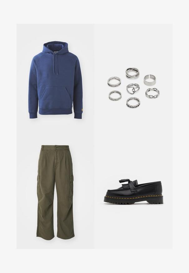 Námornícky modrá mikina vyrobená z mäkkého materiálu, s prednou klokankou, rebrovanými manžetami a kapucňou so šnúrkou.; Olive zelené cargo nohavice, vyrobené z bavlny, so širokým strihom, záhybmi a bočnými vreckami pre väčšiu praktickosť.; Čierne kožené loafre s detailom na strapcoch, s masívnou čiernou podrážkou a žltým prešitím pozdĺž okraja. S textúrovaným povrchom.; Sada siedmich strieborných prsteňov s rôznymi dizajnmi, vrátane skrútených, prepojených a gravírovaných vzorov. Rôzne tvary a šírky.