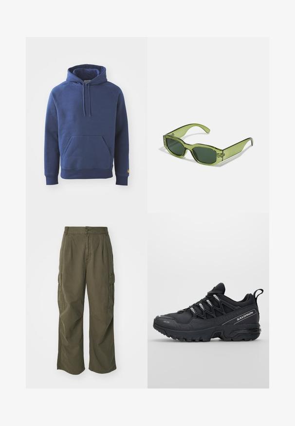 Granatowy hoodie wykonany z miękkiego materiału, z przednią kieszenią typu kangur, ściągaczami przy mankietach oraz kapturem ze sznurkiem.; Spodnie cargo w oliwkowym kolorze, wykonane z bawełny, z szeroką nogawką, plisami i bocznymi kieszeniami dla większej funkcjonalności.; Czarne buty sportowe z siateczkową cholewką, gumową podeszwą i odblaskowymi akcentami. Posiadają amortyzowaną podeszwę oraz sznurowany design.; Zielone, przezroczyste okulary przeciwsłoneczne o prostokątnym kształcie, ciemnozielone soczewki i akcent z logo po boku. Gładka tekstura i nowoczesny design.