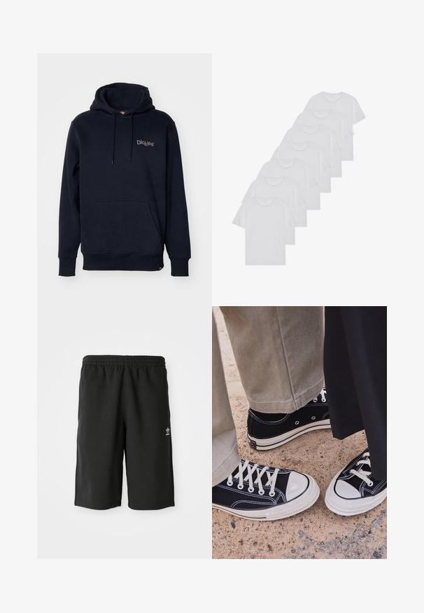 Tumši zils kapuce, kokvilnas sajaukums, ar priekšējo kabatu, regulējamu kapuci un izšūtu logo uz krūtīm. Mīksta tekstūra.; Baltie kokvilnas T-krekli, īsas piedurknes, apaļas izgriezuma dizains, vienkārša tekstūra, sakrauti rindā, ar smalku zīmolu pie kakla izgriezuma.; Melni kokvilnas šorti ar elastīgu jostasvietu, sānu vīlēm un mazu balto logotipu uz kreisās kājas. Gluda tekstūra, līdz ceļiem garš dizains.; Melni kanvas sporta apavi ar baltām gumijas pirkstgaliem un auklēm. Kontrastējoša dūkošana un metāla acu caurumi piešķir akcentus. Valkāti ar beidžu krāsas biksēm un melnu audumu.
