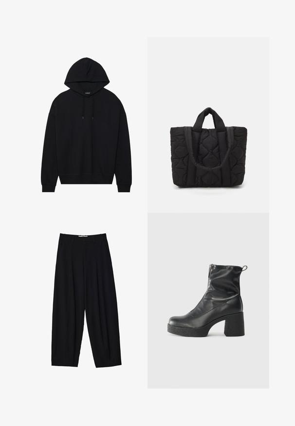Svart huvtröja i bomull med dragsko, långa ärmar och ribbade manschetter och nederkant. Slät, enfärgad finish.; Svarta vida byxor i lätt tyg, med framfållningar, en klassisk midja och sidofickor. Slät textur.; Svarta ankelstövlar i slitstark läder, med sidodragkedja, kraftig strukturerad klack och rundad tådesign.; Svart vadderad tygväska med två stadiga handtag, med en strukturerad tyg med ett diamantmönster för hållbarhet och stil.