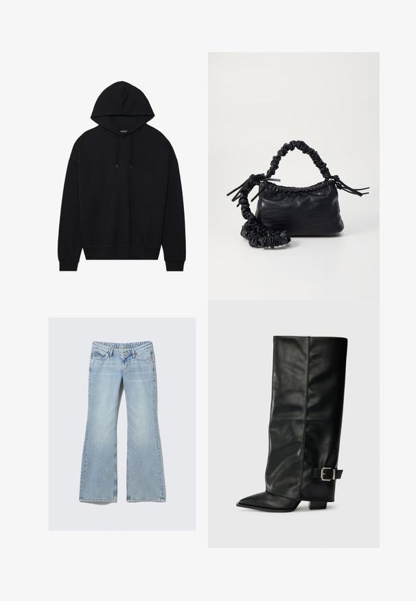 Svart hettegenser laget av bomull, med snøring, lange ermer og ribbestrikkede mansjetter og kant. Glatt, ensfarget finish.; Weekday NOVA - Jeans slim fit - lip blue; Svarte lær ankelstøvler med spiss tå, glatt tekstur og en sølvspenne aksent på siden. Kraftig firkantet hæl.; Svart faux skinn-håndveske med krokodilletekstur, strammet topp og en rynket stropp. Ser myk og kompakt ut i designen.