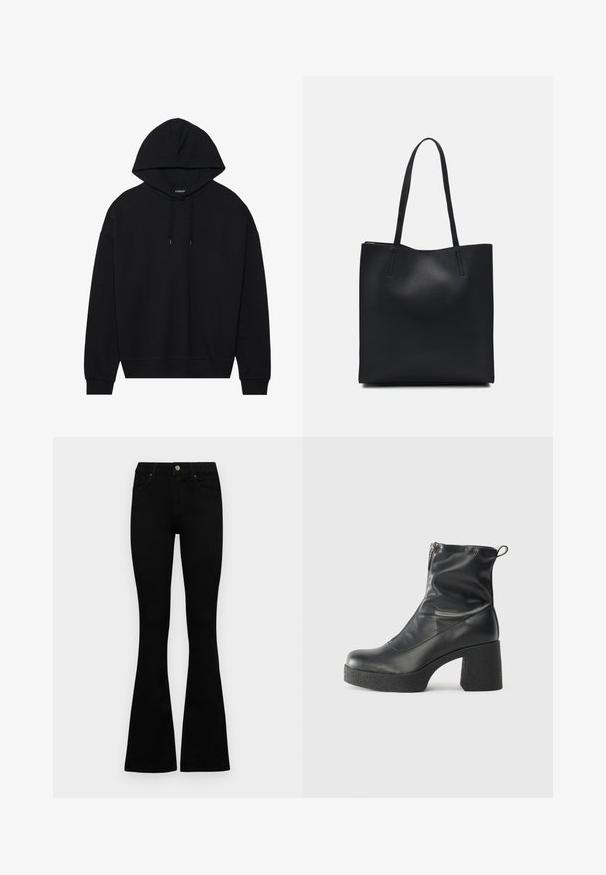 Sweatshirt preto com capuz, feito de algodão, apresentando um fecho com cordão, mangas longas e punhos e bainha canelados. Acabamento liso, de cor sólida.; Jeans pretos de cintura alta com fecho de botão e zíper, bolsos frontais e pernas largas dispostos em cima de um fundo branco.; Botas de tornozelo pretas feitas de couro liso, com fecho lateral, salto grosso texturizado e design de bico arredondado.; Bolsa tote preta em couro com textura lisa, forma retangular e duas alças longas. Sem hardware ou enfeites visíveis.
