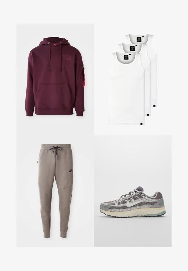 Felpa bordeaux in morbido tessuto, con tasca frontale, cappuccio regolabile con cordino e tasca laterale con zip e particolare etichetta rossa.; Tre canotte bianche a coste in cotone. Presentano un colletto rotondo e piccole etichette nere vicino all'orlo. Disponibile in diverse taglie.; Pantaloni sportivi Nike grigi con cintura regolabile, gambe affusolate, tasche laterali e dettagli di cucitura distintivi. Tessuto morbido e texture.; Scarpa sportiva grigia con tomaia in mesh e suede, dettagli bianchi, suola ammortizzata e un design distintivo con elementi riflettenti.