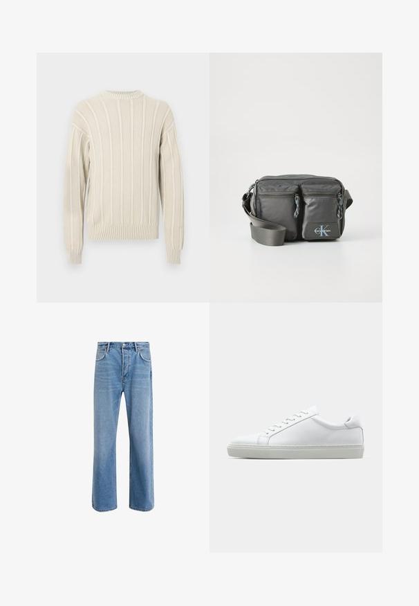 Jasno beżowy sweter dzianinowy o ribbowanej strukturze, z pionowymi paskami, okrągłym dekoltem oraz ribbowanymi mankietami i dołem.; Jasnoniebieskie dżinsy o prostym kroju, pięć kieszeni, zapięcie na guzik, minimalne blaknięcia i kontrastowe wykończenia szwów.; Białe sneakersy z gładką skórzaną cholewką i niskim profilem. Posiadają okrągły nos, sześć dziurek na sznurówki oraz teksturowaną gumową podeszwę.; Szara nylonowa torba na ramię z dwoma zapinanymi na zamek przednimi kieszeniami, regulowanym paskiem i akcentem z logo. Gładka powierzchnia o nowoczesnym wzornictwie.
