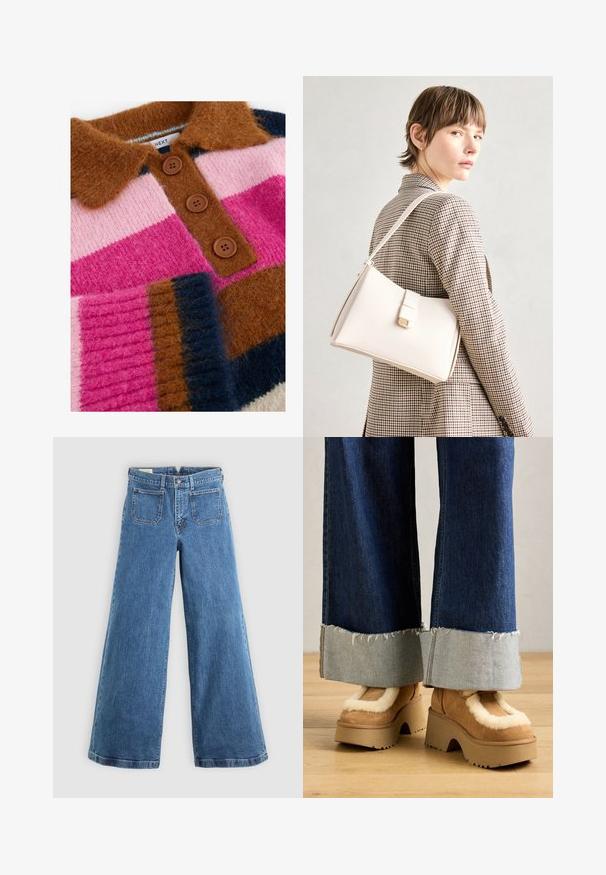 Pull en tricot avec de larges rayures horizontales rose, marron, marine et crème. Comprend un col marron et trois boutons marron.; Jean blue à taille haute et jambe large avec poches avant à rabat, passants de ceinture, fermeture à bouton et braguette zippée sur fond uni.; Bottes à plateforme en suede marron avec doublure en fausse fourrure crème, associées à un pantalon en denim à jambes larges avec ourlets effilochés et un poignet en denim plus clair.; Sac à main en cuir blanc au design structuré, doté d'un fermoir magnétique et d'une bandoulière, présenté sur un fond neutre.