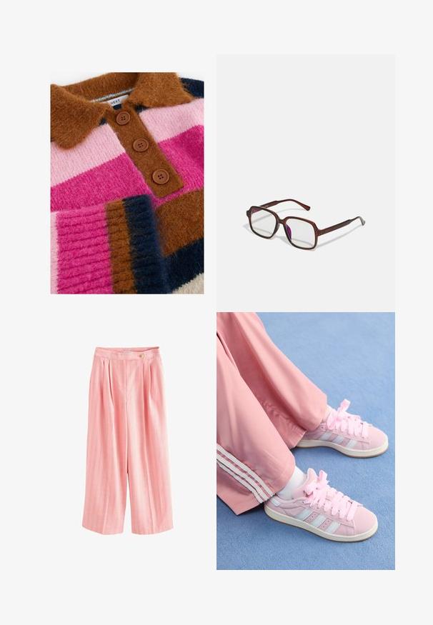 Stickad tröja med breda horisontella ränder i rosa, brunt, marinblått och krämfärgat. Inkluderar en brun krage och tre bruna knappar.; Rosa vida byxa med vertikala ränder i gult och vitt, med veck och en knappstängning i midjan. Mjuk, texturerad tyg.; Rosa sportskor med ljusblå ränder, rund tå och tjocka rosa skosnören, i kombination med rosa joggingbyxor med vita sidostråk.; Bruna, rektangulära glasögon med genomskinliga linser och lila toning. Slät plastbåge med raka skalmar och subtila detaljer.; Röd läderhandväska med blommig applikationsdesign, kurvformad och med ett kort handtag. Silverfärgad hårdvara och varumärket "Desigual" framhävt.