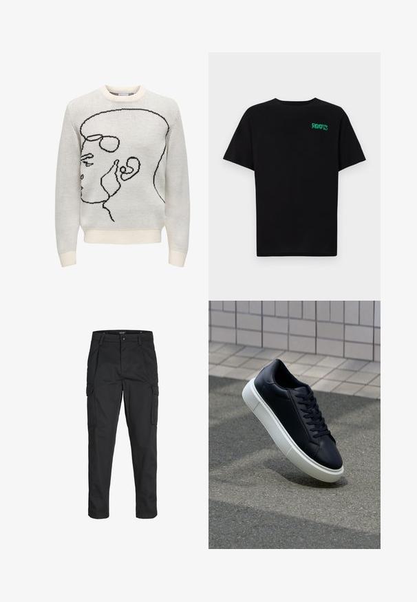 White knit sweater with black line art design depicting a profile. Features a round neckline and ribbed cuffs and hem. Soft texture.; Black t-shirt made of cotton with short sleeves. Features a green "ROOTS" logo on the front, round neckline, and standard fit.; Black cargo pants made of sturdy fabric, featuring multiple pockets, a button closure, and a slim fit design with tapered legs.; Black leather sneaker with rounded toe and white rubber sole. Features flat laces and minimal stitching on the upper. Textured sole for grip.