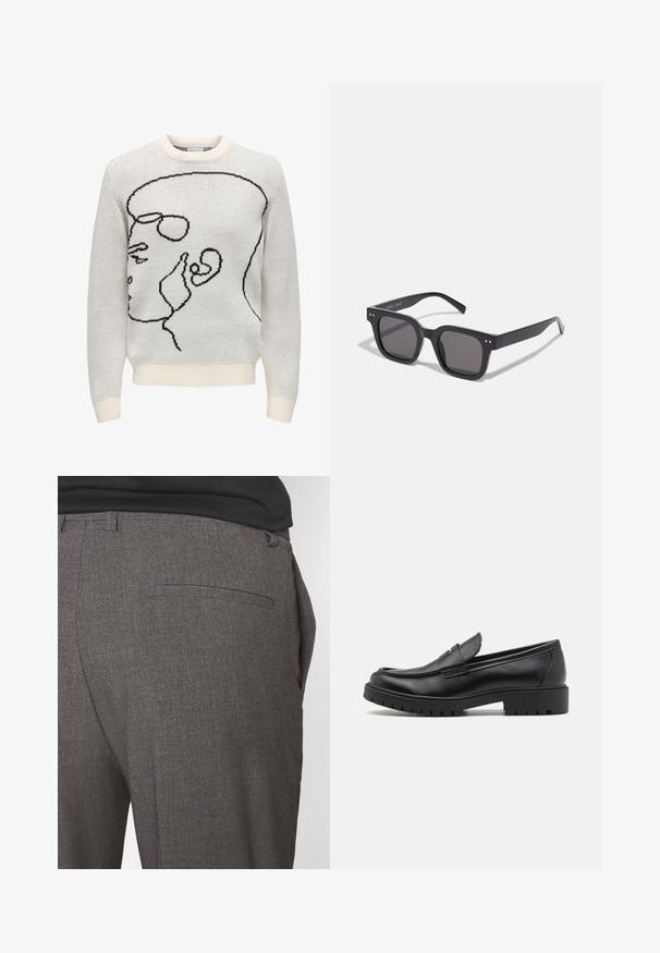 Pull en tricot blanc avec un design en ligne noire représentant un profil. Possède un col rond et des poignets et un ourlet côtelés. Texture douce.; T-shirts noirs et blancs à col rond, à manches courtes, fabriqués en coton, avec une texture lisse, arborant un marquage au niveau du col.; Pantalons tailleur gris avec une texture douce, dotés d'une poche arrière unique et d'une coupe slim. Le tissu présente un motif subtil.; Mocassins en cuir noir avec un bout arrondi, un design à enfiler et une semelle en caoutchouc épaisse avec une texture antidérapante. Talon surélevé et détails de surpiqûre subtils.; Lunettes de soleil noires rectangulaires avec des verres foncés, arborant une monture épaisse, des accents subtils sur les côtés et aucun logo visible en dehors du nom de la marque.; Sac fourre-tout en toile beige clair avec deux poignées robustes, bord blanc contrastant et logo "THE NORTH FACE" en noir à l'avant.