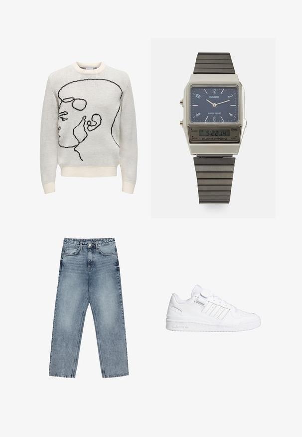 Hvid strikket sweater med sort linje kunstdesign, der viser en profil. Har en rund halsudskæring samt ribbede manchetter og kant. Blød tekstur.; Lysblå denim jeans med lige ben, synlig syning, fem lomme-design og knaplukning ved taljen.; Hvide atletiske sneakers med en glat læderoverdel, perforeret tå, tre stribede detaljer og en velcrorem. Gummisål med branddetalje.; Casio digitalur med en blå urskive, sølvgehus og lagdelt sort gummirem. Viser tidspunkt og alarmindstillinger. Vandafvisende.