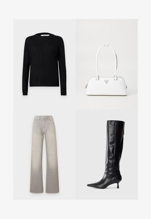 Pull noir en maille avec un col rond, des manches longues, des poignets et un ourlet côtelés. Texture lisse avec peu de détails.; Jean large gris avec une finition délavée, fermeture à bouton, design à cinq poches et coutures conçues le long des coutures.; Botte en cuir noir hautes jusqu'au genou avec un bout pointu et un talon fin et courbé. Texture lisse, design ajusté, sans matériel ni motifs visibles.; Sac à main en cuir blanc avec une forme courbée, présentant un logo triangulaire argenté et une fermeture à glissière. Texture lisse et doubles poignées.