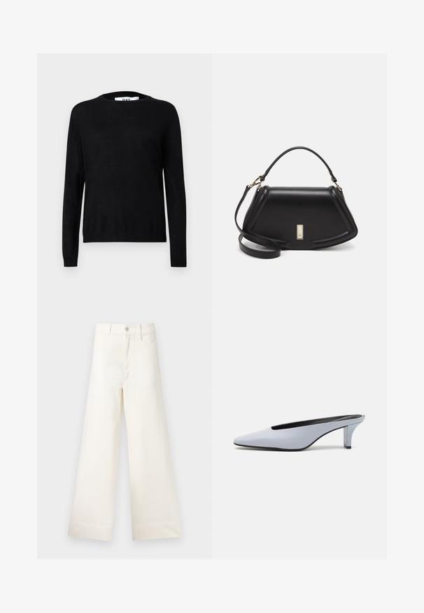 Zwart gebreide trui met een ronde hals, lange mouwen en geribbelde manchetten en zoom. Gladde textuur met minimale details.; Bredere broek van lichtbeige katoen. Heeft een hoge taille, voorzakken en een rechte snit. Schoon afgewerkte zoom zonder patronen.; Lichtblauwe patentleren mule met een spitse neus, een lage doorzichtige hak, en een strak ontwerp met een uitsparing bij de vamp.; Zwarte leren handtas met een gestructureerd ontwerp, featuring een verkorte vorm, bovenhandvat en gouden hardwareaccent. Inclusief verstelbare schouderband.