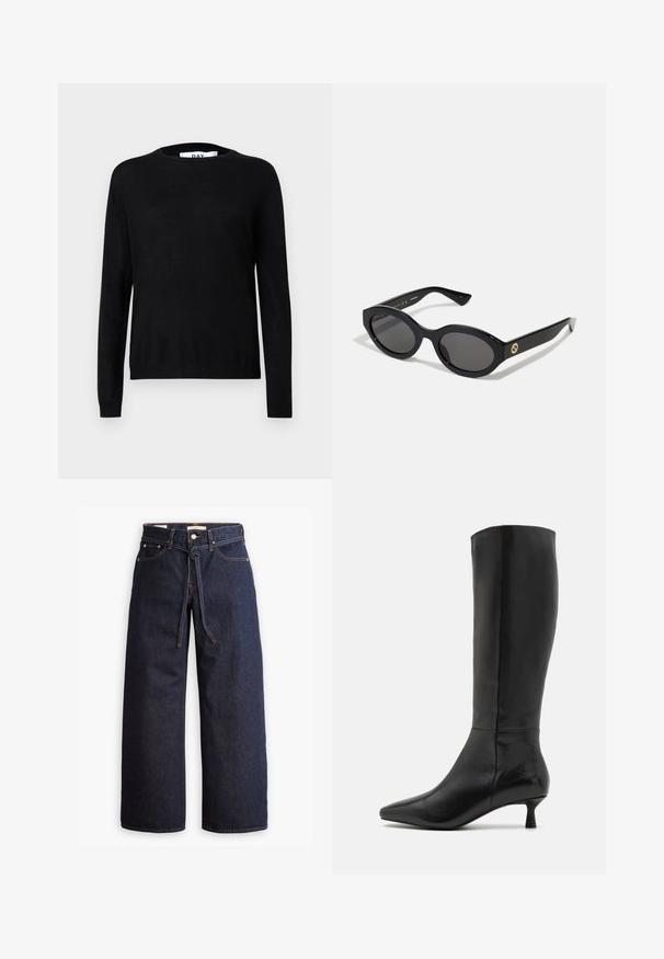 Svart stickad tröja med rund halsringning, långa ärmar samt ribbstickade muddar och fåll. Slät textur med minimal detaljering.; Brettbeniga mörkblå denimjeans med hög midja, utrustade med snörning, fem fickor och kontrasterande sömmar.; Zign Stövel - black; Svarta ovala solglasögon med mörka linser och blank plastbåge. Utrustade med en gyllene logotyp på bågen, vilket ger en snygg och modern design.