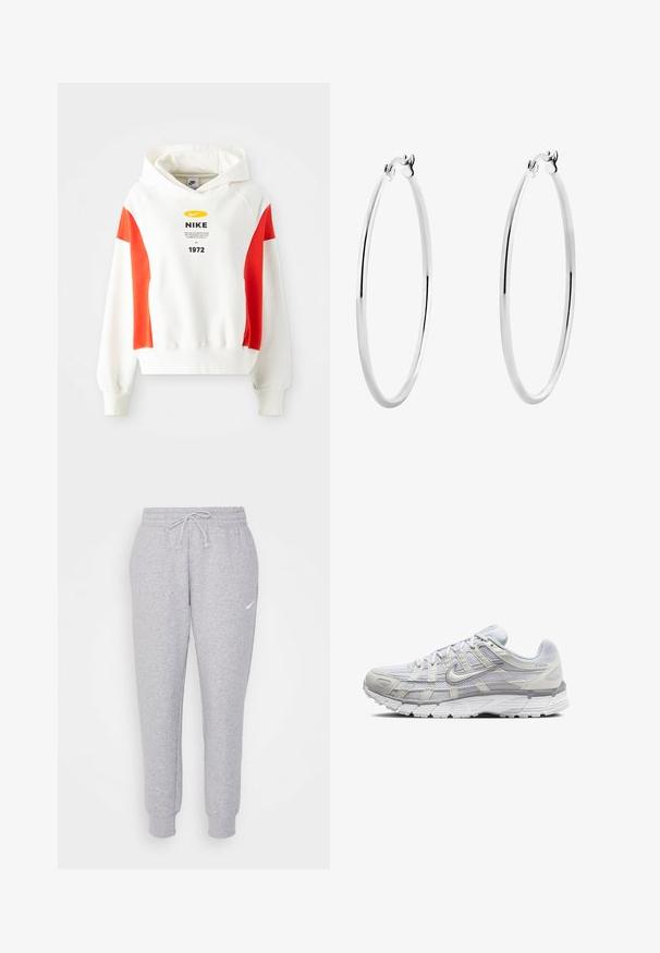 Felpa bianca con dettagli rossi, cappuccio con cordino e grafica frontale. Presenta un logo e testo sul petto. Tessuto morbido, polsini e orlo a costine.; Pantaloni della tuta grigi chiari con vita regolabile, gamba affusolata e un piccolo logo bianco sulla coscia sinistra. Realizzati in un morbido tessuto texture.; Scarpe da ginnastica grigio chiaro con tomaia in rete e sintetico, dotate di chiusura con lacci, collo imbottito e suola testurizzata per una migliore aderenza.; Orecchini a cerchio in argento con una superficie liscia e lucida e una forma circolare sottile. Il design presenta una chiusura sicura.