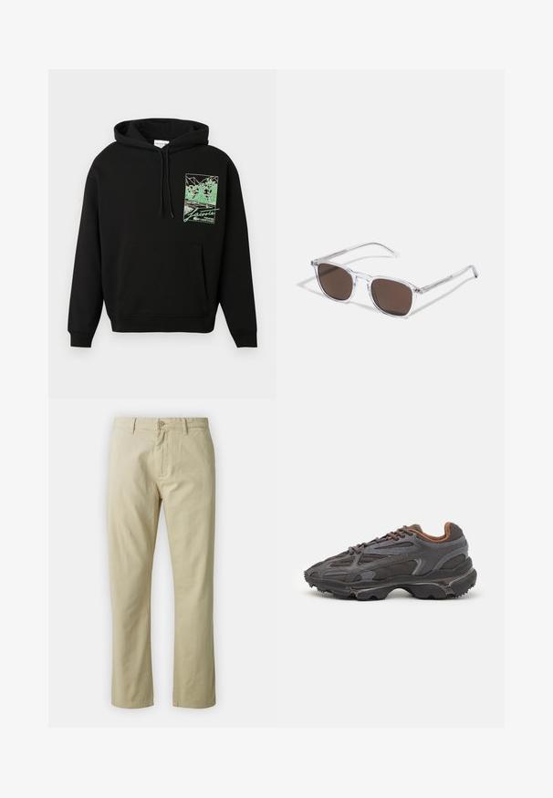 Crni dukserica s kapuljačom i prednjim džepom s zelenom grafikom teniskog terena i drveća, s natpisom "Lacoste Tennis Heritage" na prsima.; Bež pamučne hlače s ravnim nogavicama, prednjim zatvaranjem na dugme i petljama za remen. Glatka tekstura, bez vidljivih uzoraka ili naglaska.; Lacoste tenisice u tamno sivoj boji s mrežastim i sintetičkim materijalom, s teksturiranom potplatom i smešnim akcentima na ovratniku i brandiranju.; Prozirne sunčane naočale s pravokutnim smeškim lećama, koje imaju tanke, prozirne drške i metalne akcentne detalje na sljepoočnicama.