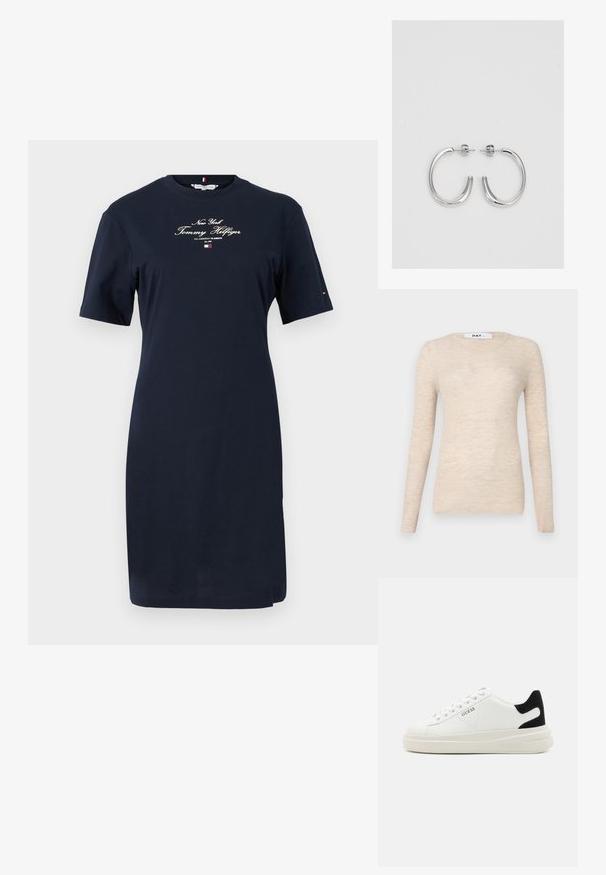 Top de manga larga beige hecho de tela acanalada, con un clásico escote redondo y una textura suave, con un diseño minimalista.; Vestido de algodón azul marino con mangas cortas. Presenta texto bordado en blanco "New York Tommy Hilfiger" en la parte delantera y detalle del logo en la manga.; Zapatillas blancas de cuero con una suela blanca gruesa, acento en el talón de ante negro y logo grabado en el lateral. Diseño de cordones con seis ojales.; Aros de plata en forma de aro con un acabado liso y brillante. Diseño redondeado y ligero, con cierre de tipo post-back.