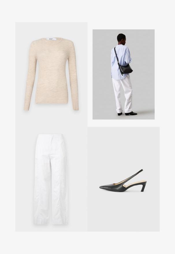 Bézs színű, hosszú ujjú felső bordázott anyagból, klasszikus kerek nyakkivágással és puha tapintással, minimális dizájnnal.; Fehér, széles szárú nadrág könnyű anyagból, sima textúrával, letisztult vonalakkal és magasderék kialakítással.; Fekete, hegyes orrú, slingback cipő alacsony sarkával, sima bőrből készült, oldalt kivágott deisgnal a légáteresztőképesség érdekében.; Fekete bőr válltáska puha tapintással, háromszög alakú, állítható pánttal, világoskék csíkos inggel és fehér nadrággal párosítva.