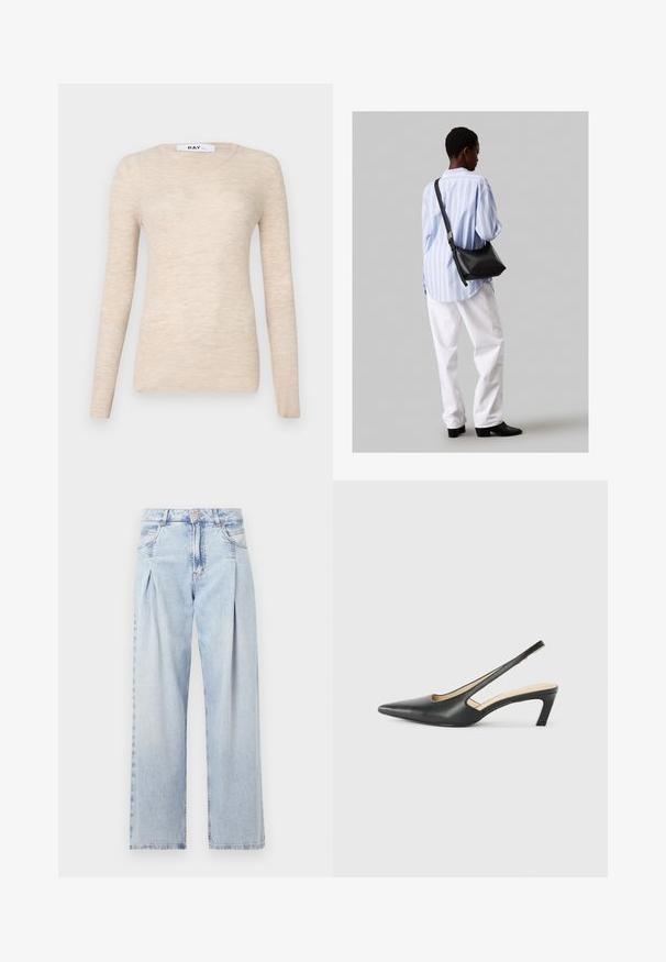 Beige langermet topp laget av ribbestrikket stoff, med en klassisk rund halslinje og en myk tekstur, i et minimalistisk design.; Lyseblå denimjeans med høy livlinje, vide ben, to sidelommer og plisserte detaljer. Myk tekstur med en falmet finish.; Svart spiss tå slingback-sko med lav hæl, laget av jevnt skinnmateriale og med utskåret design på siden for pusteevne.; Svart lær skulderveske med en myk tekstur, trekantet form og justerbar stropp, kombinert med en lyseblå stripete skjorte og hvite bukser.