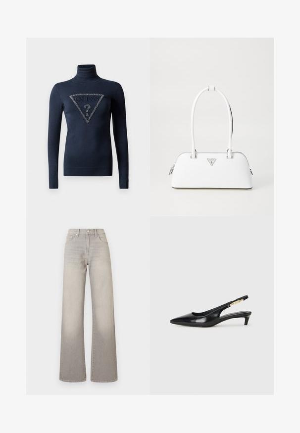 Navy blue long-sleeve turtleneck sweater with ribbed cuffs and hem, featuring a beaded triangular GUESS logo with a question mark.; Gray wide-leg jeans with a faded finish, button closure, five-pocket design, and stitched detailing along the seams.; Black leather slingback heels with a pointed toe, featuring a slim heel and a gold-tone accent on the adjustable strap. Smooth texture.; White leather handbag with a curved shape, featuring a silver triangular logo and zipper closure. Smooth texture and dual handles.